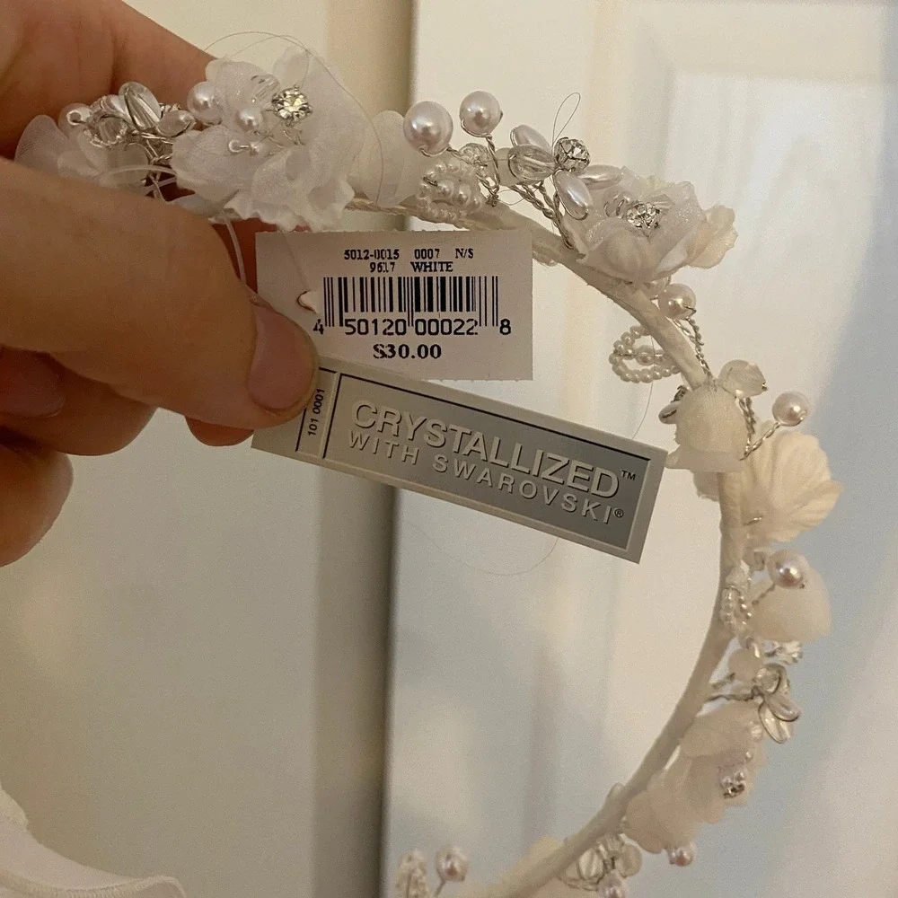 Davids Bridal White Floral Beaded Illusion Gown Girls 8 with Matching Headpiece - Picture 12 of 12